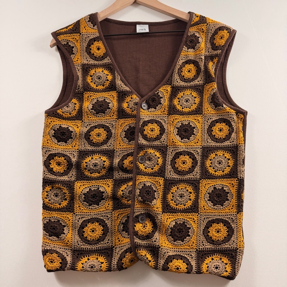 Zara Retro Crochet Granny Square Vest – Brown & Mustard – Size S - Boho Granola